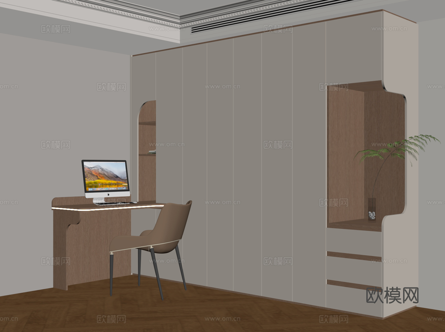 现代简约衣柜 书桌椅一体柜su模型