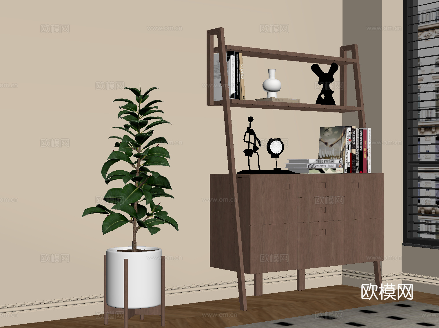 现代中古风置物架 书架su模型下载（渲染图2）