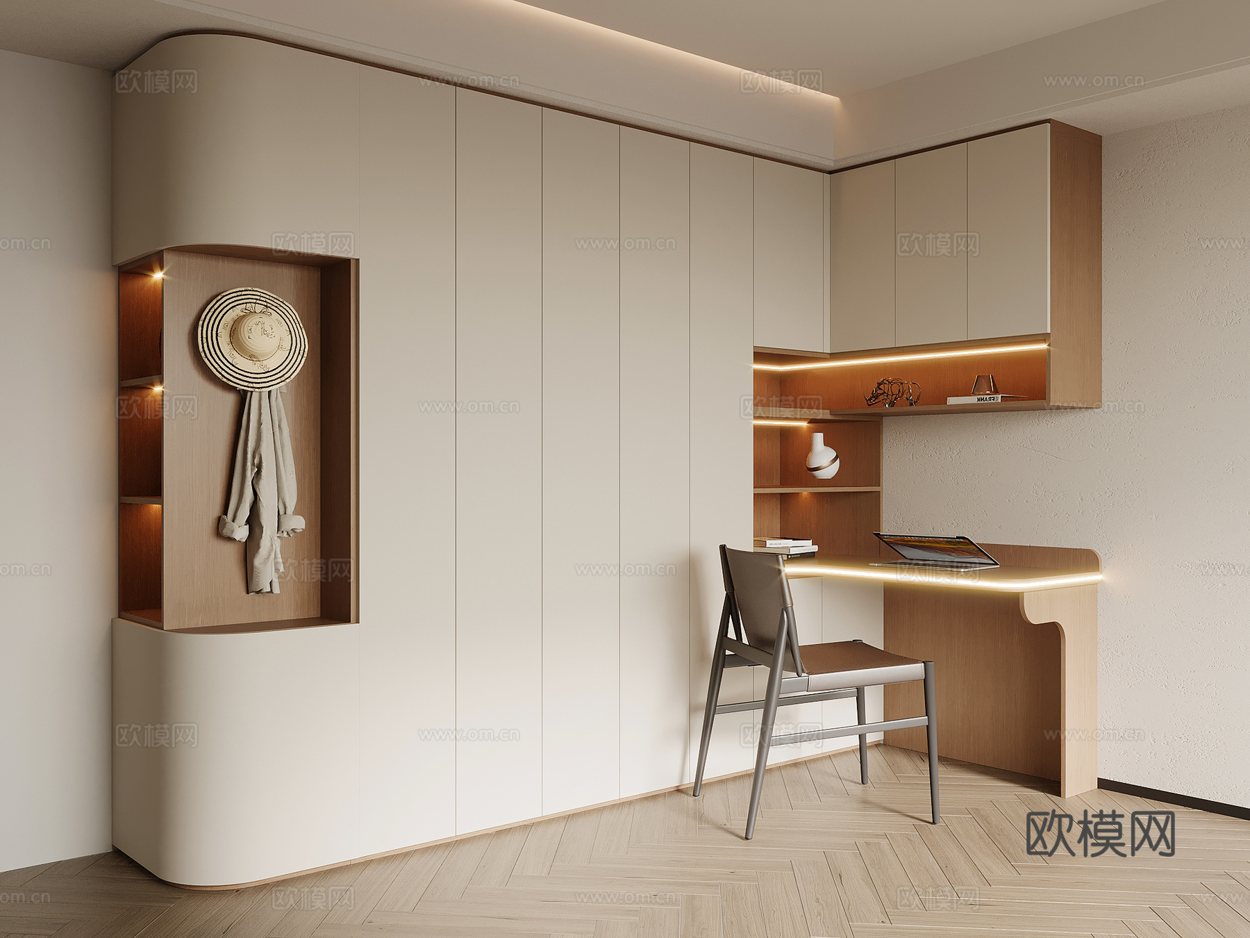 现代简约书柜 书桌一体柜su模型