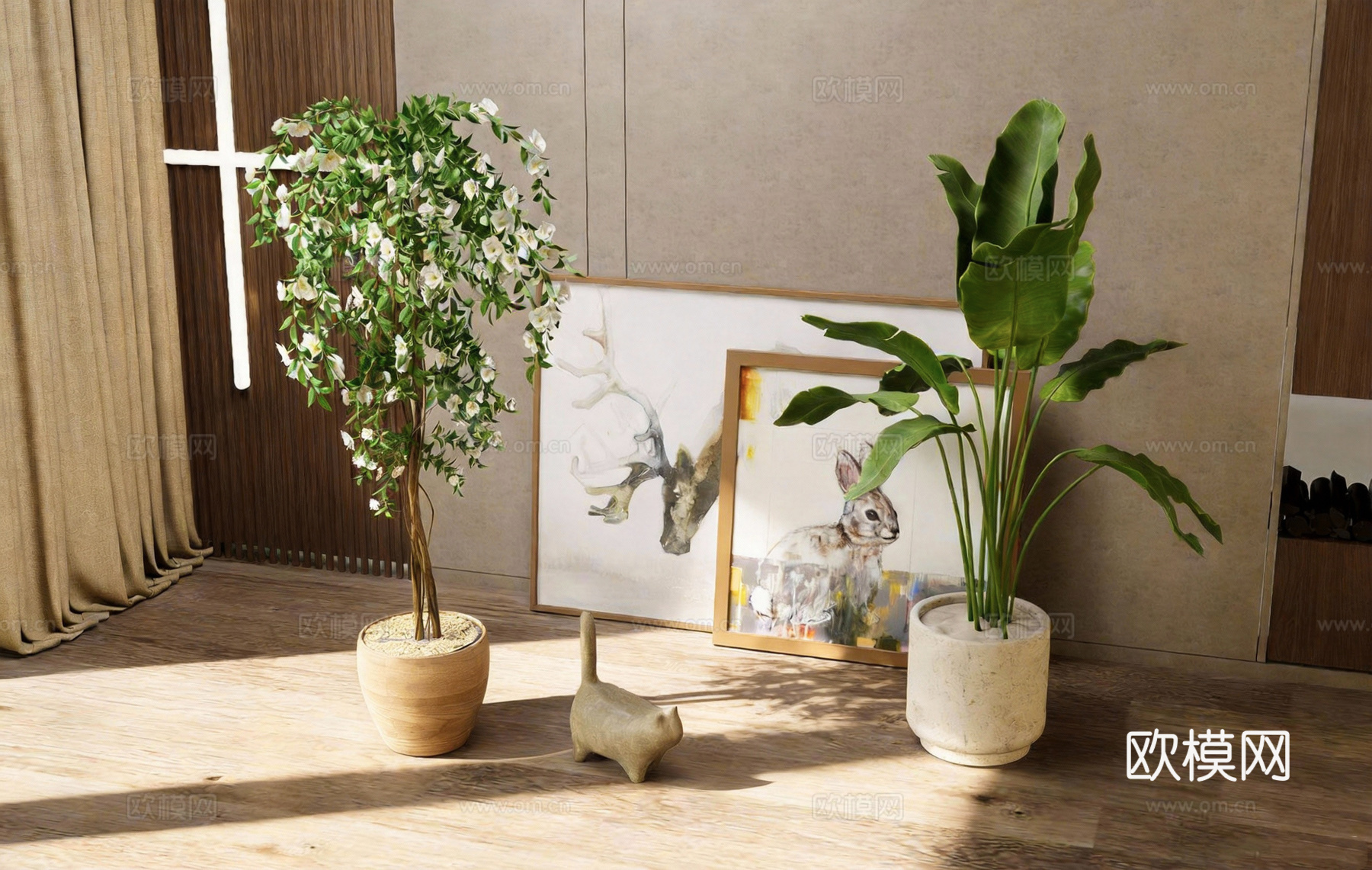 北欧ins风软装场景 琴叶榕龟背竹 动物装饰画 猫咪摆件 窗su模型下载（渲染图2）