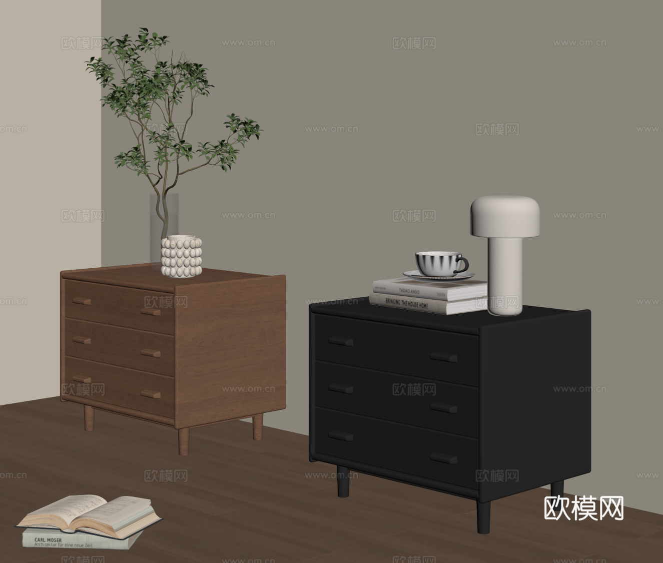 中古复古床头柜su模型下载（渲染图2）