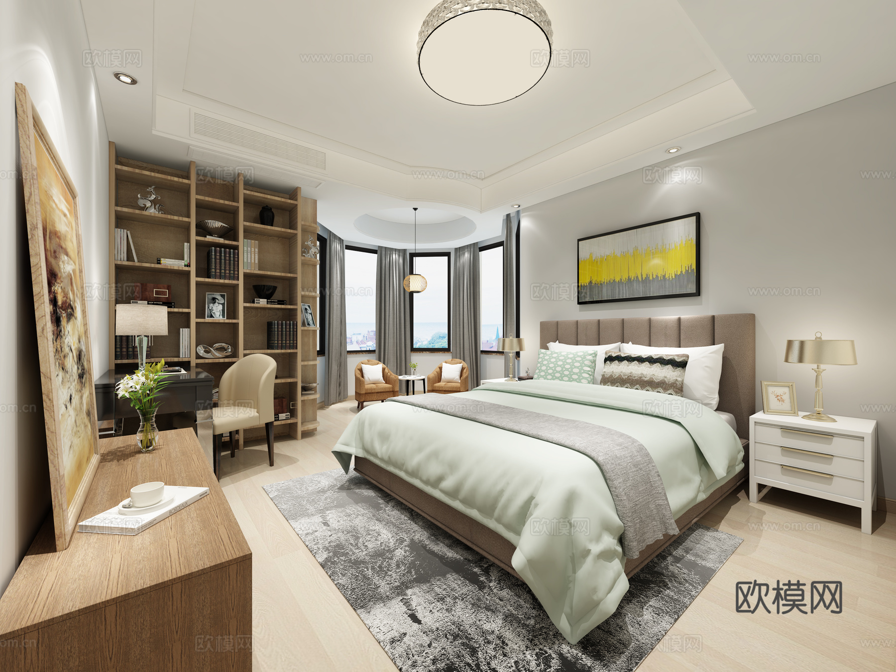 现代主卧 吊灯 台灯 双人床 书桌椅 衣柜 挂画 书架3d模型下载（渲染图2）