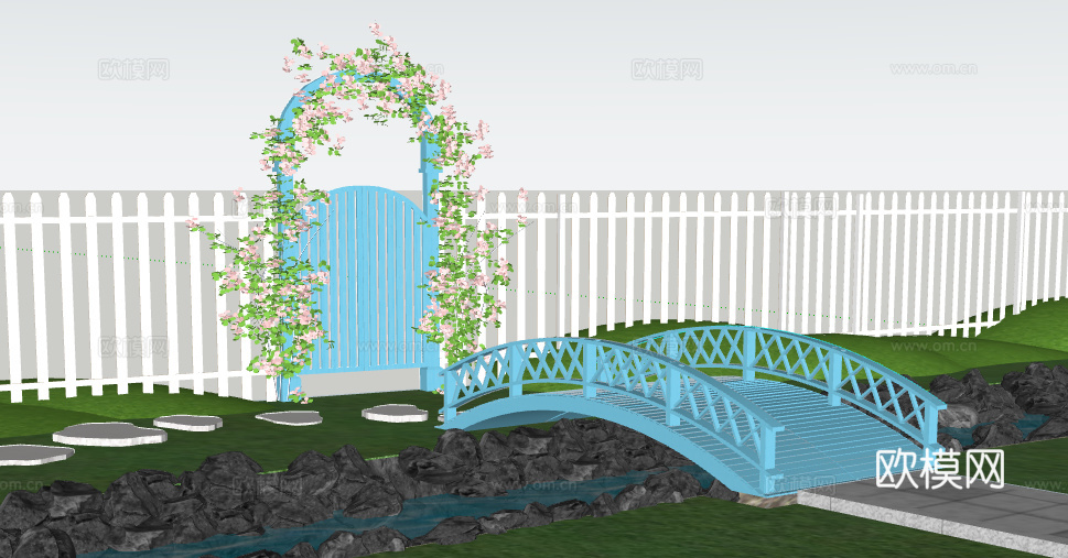 法式庭院（小桥、景墙、座椅，阳光房）su模型下载（渲染图4）