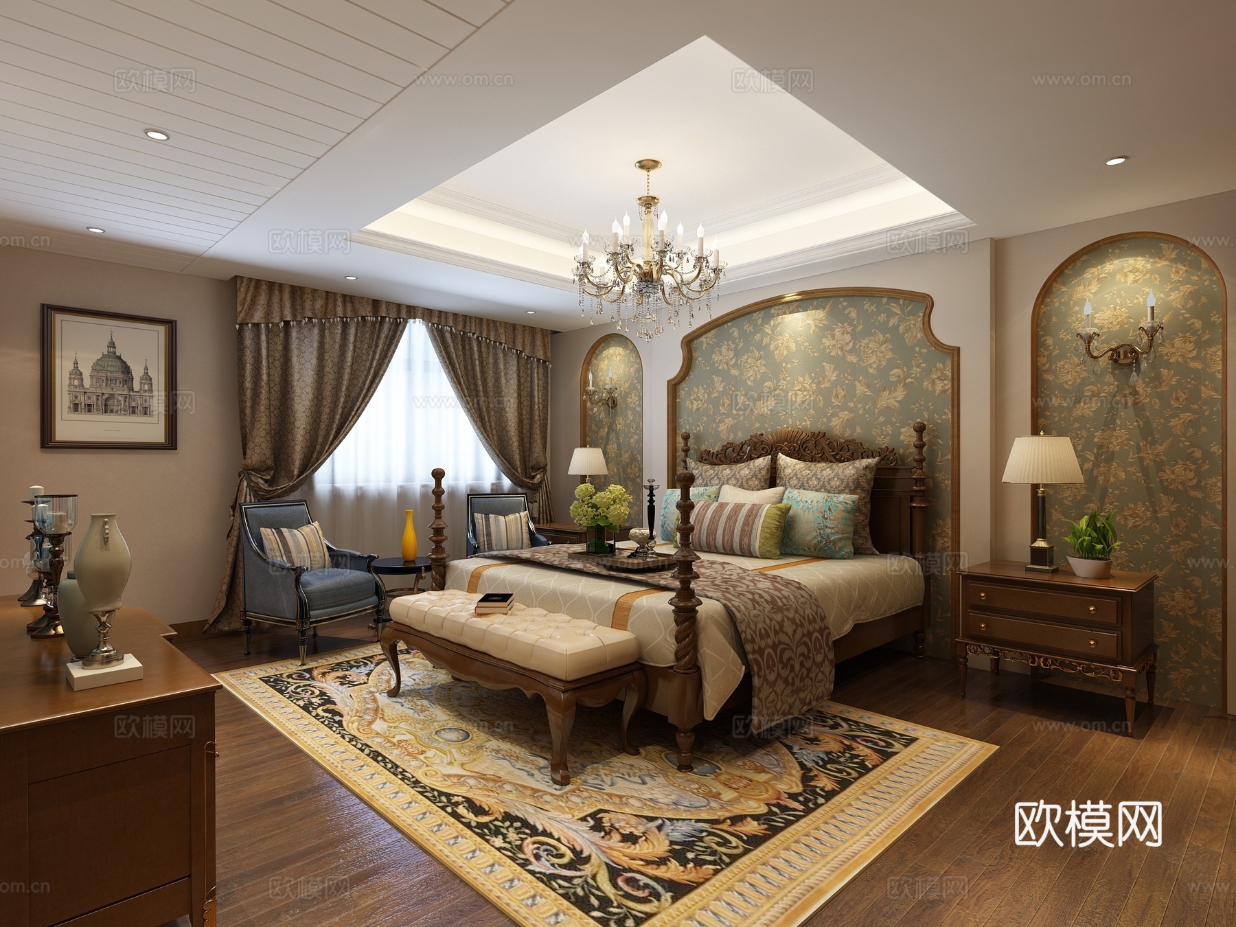传统没事卧室走道 吊灯 床尾凳 双人床 壁灯 台灯 装饰柜3d模型下载（渲染图1）