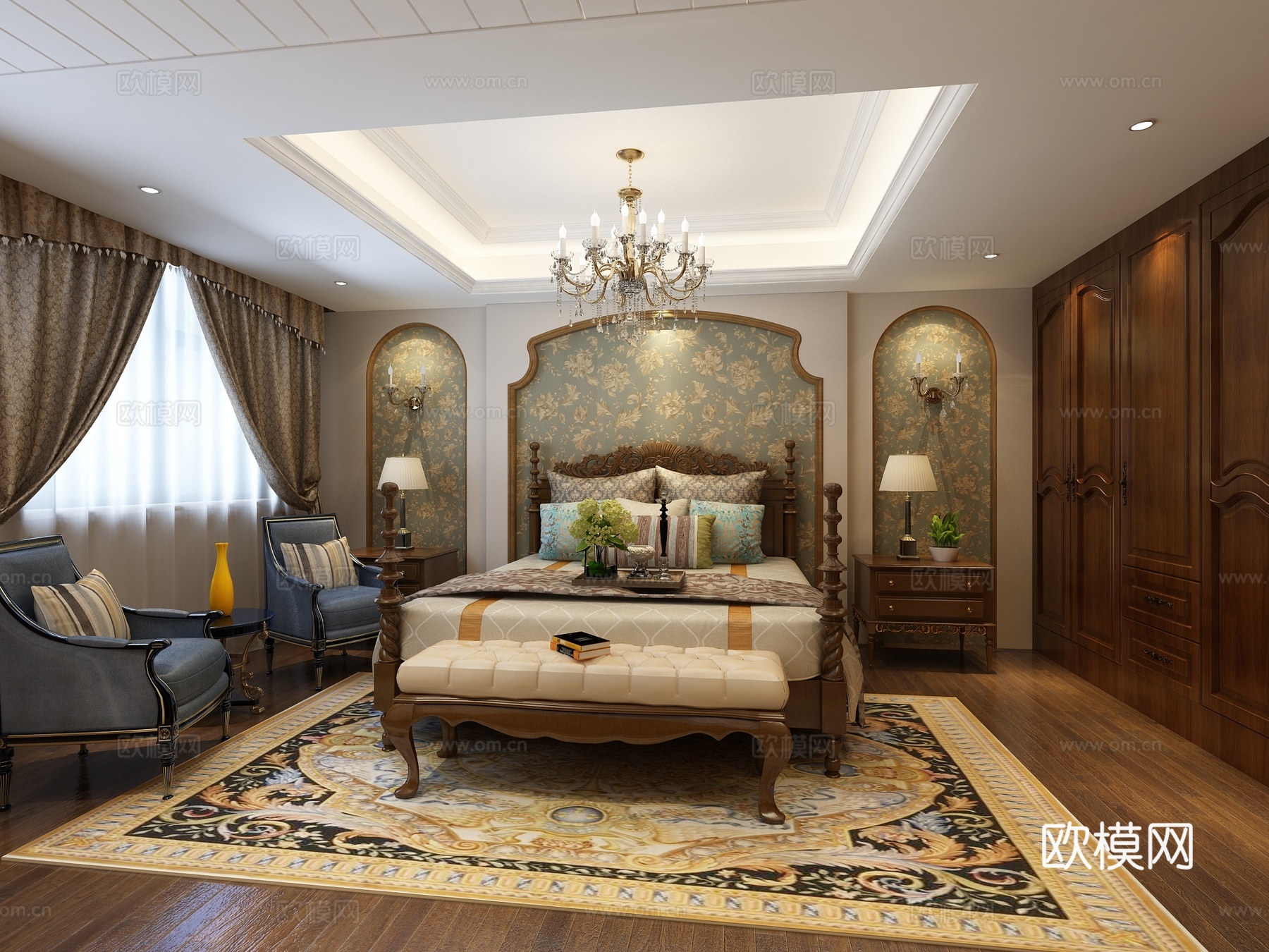 传统没事卧室走道 吊灯 床尾凳 双人床 壁灯 台灯 装饰柜3d模型下载（渲染图4）