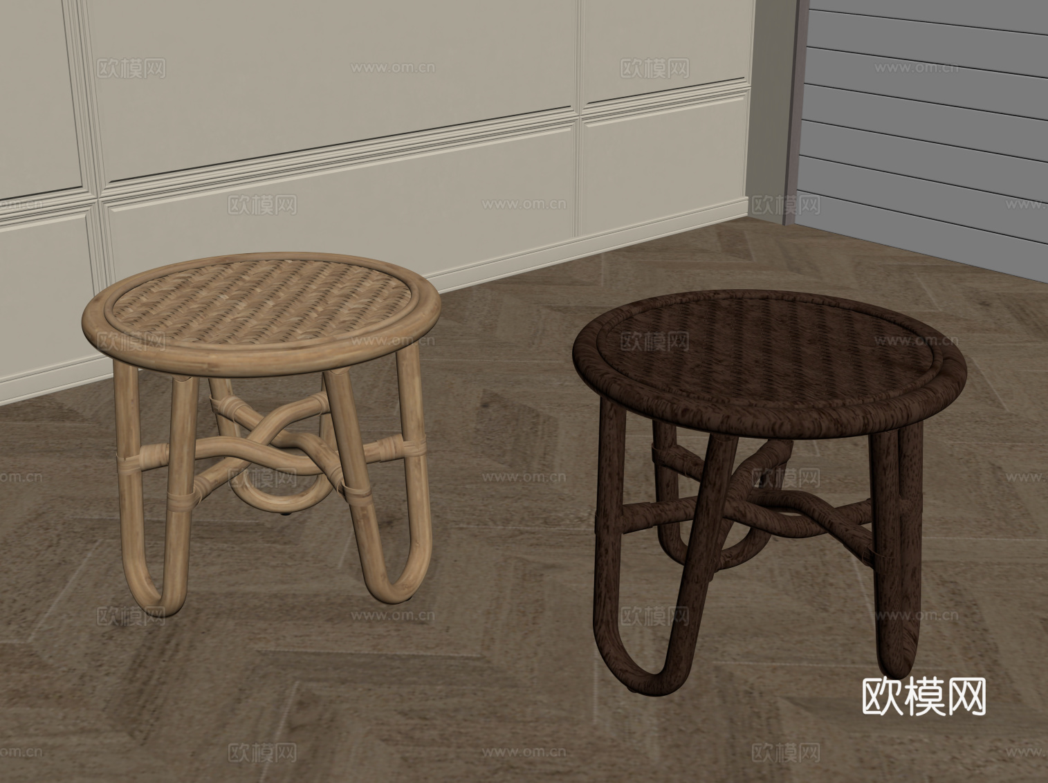 侘寂中古板凳 藤编板凳su模型