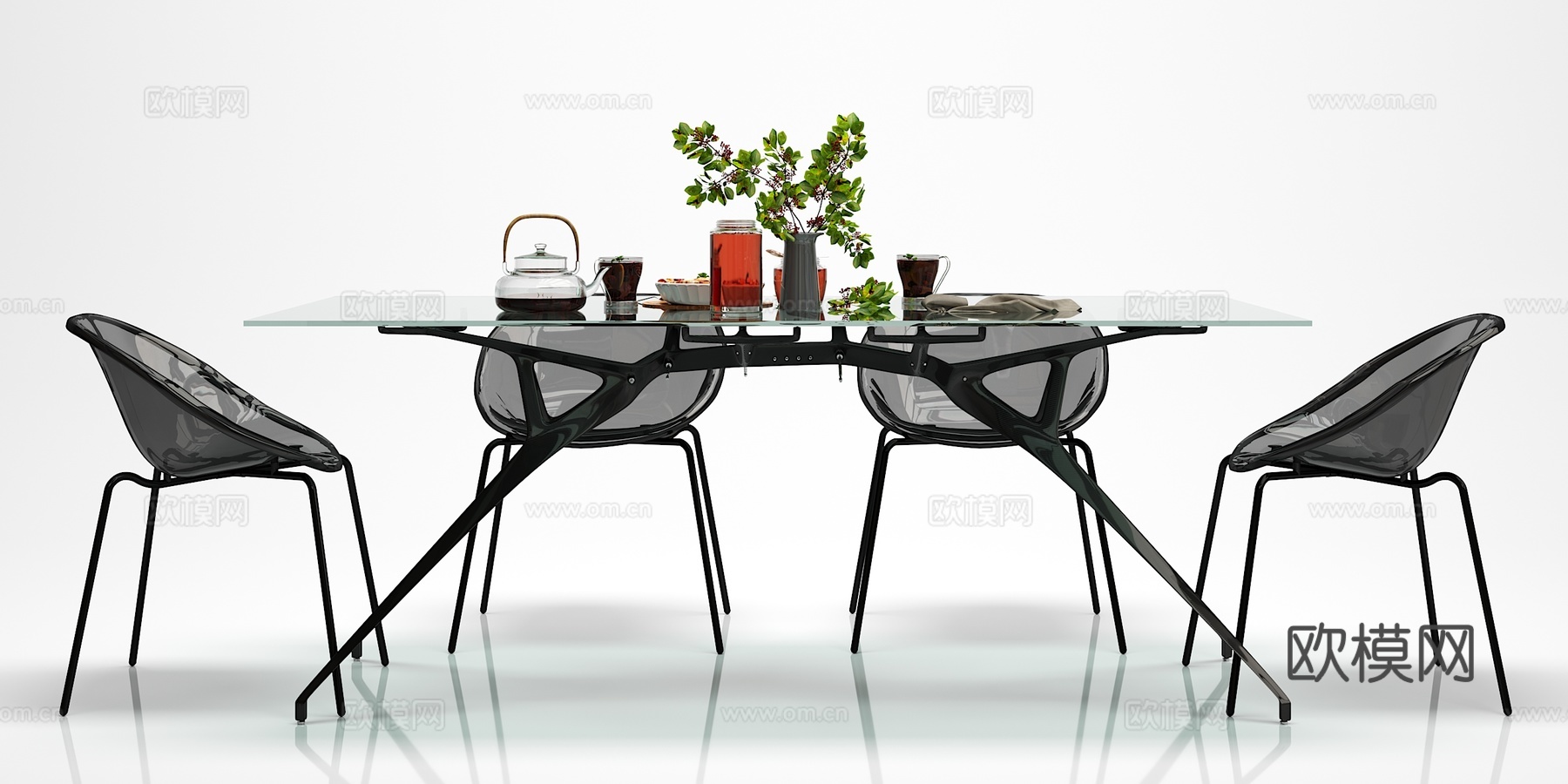 现代简约 餐桌 椅子 食物摆件组合3d模型下载（渲染图2）