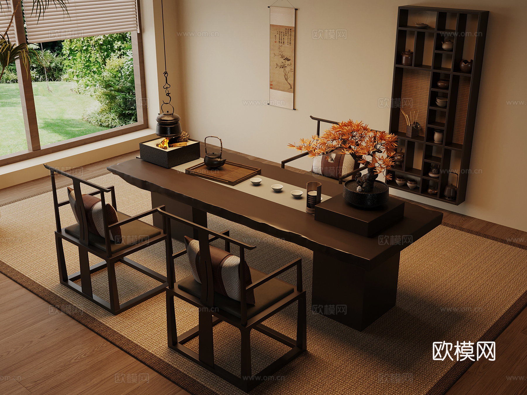 新中式茶桌椅 实木茶桌su模型