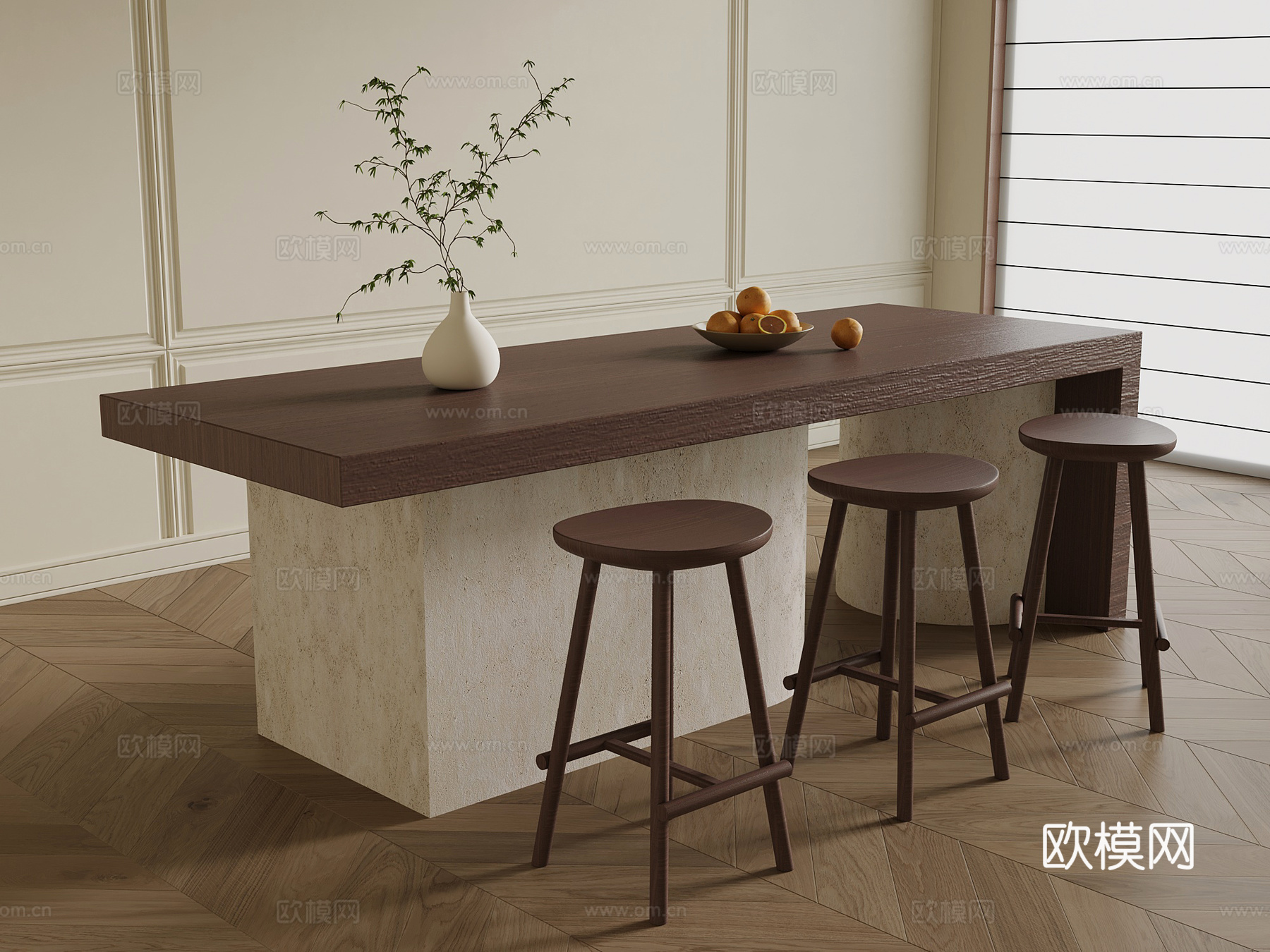 侘寂中古吧台 吧凳su模型