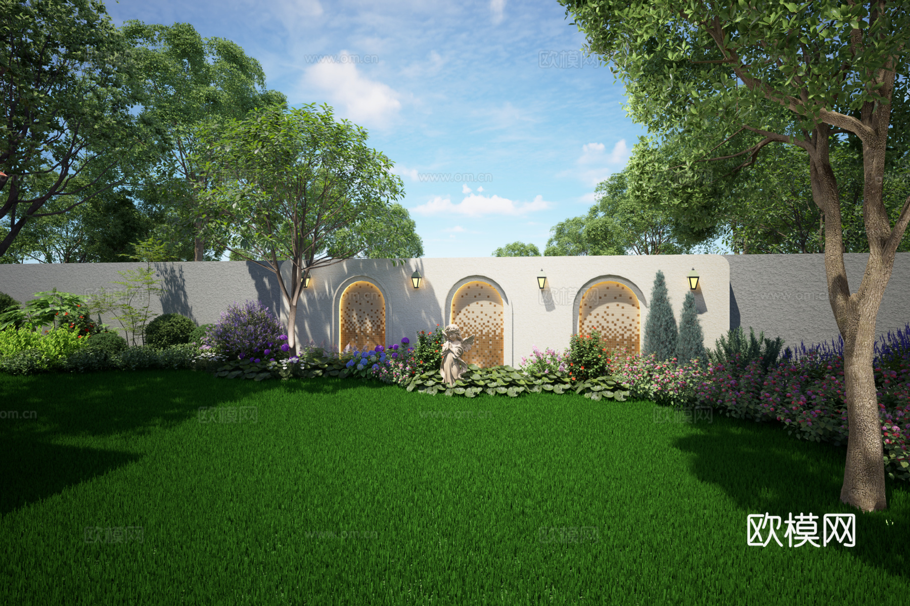 法式庭院（小桥、景墙、座椅，阳光房）su模型下载（渲染图3）