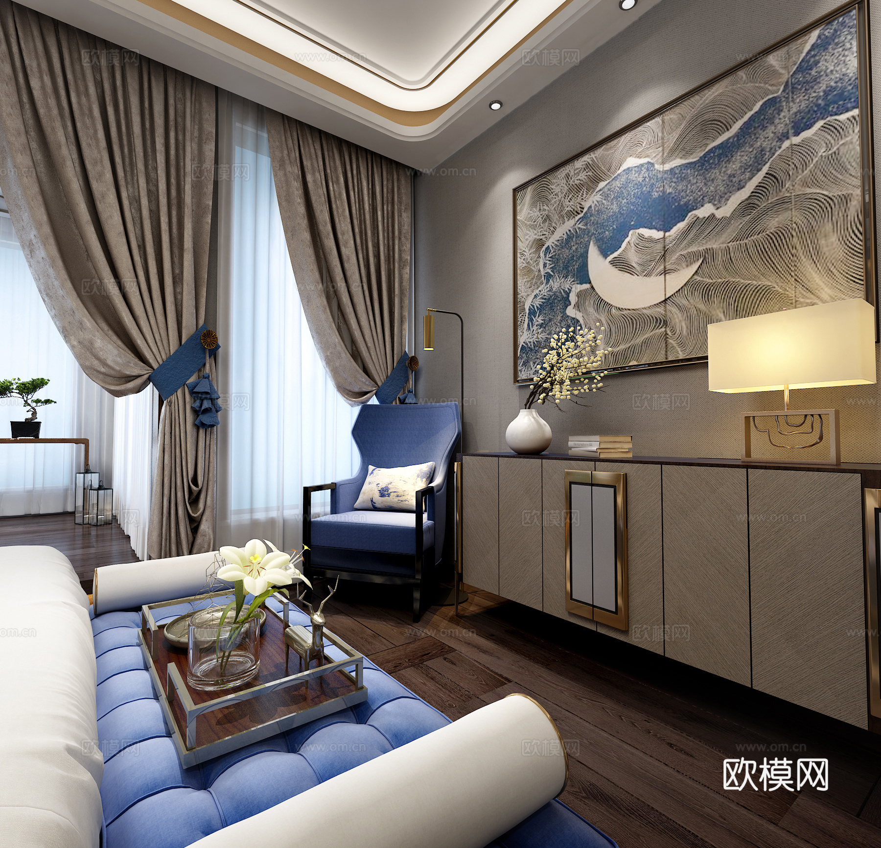 新中式卧室 吊灯 双人床 床尾凳 台灯 装饰柜3d模型下载（渲染图4）