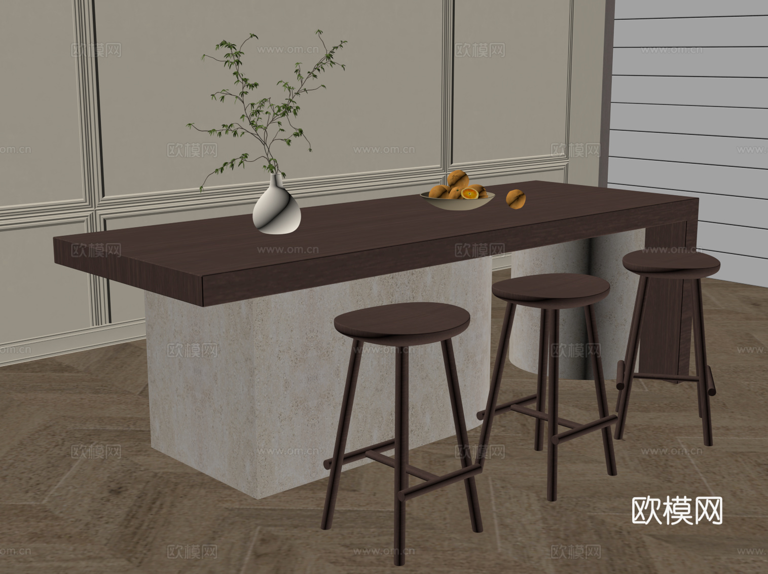 侘寂中古吧台 吧凳su模型