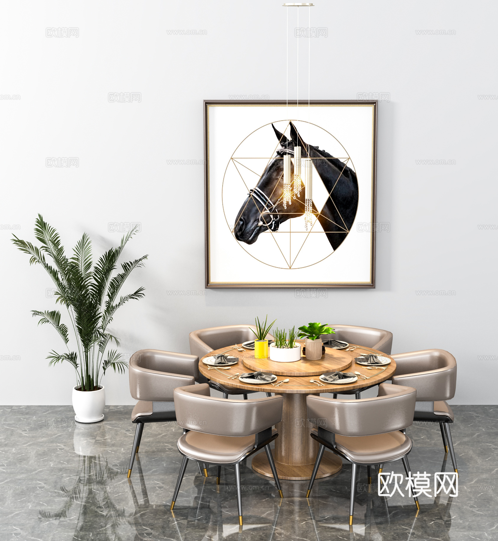现代餐桌  餐椅 绿植 挂画  吊灯  餐具3d模型下载（渲染图1）
