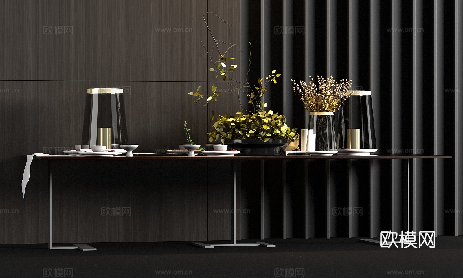 新中式金属合餐桌餐具饰品组合3d模型下载（渲染图2）