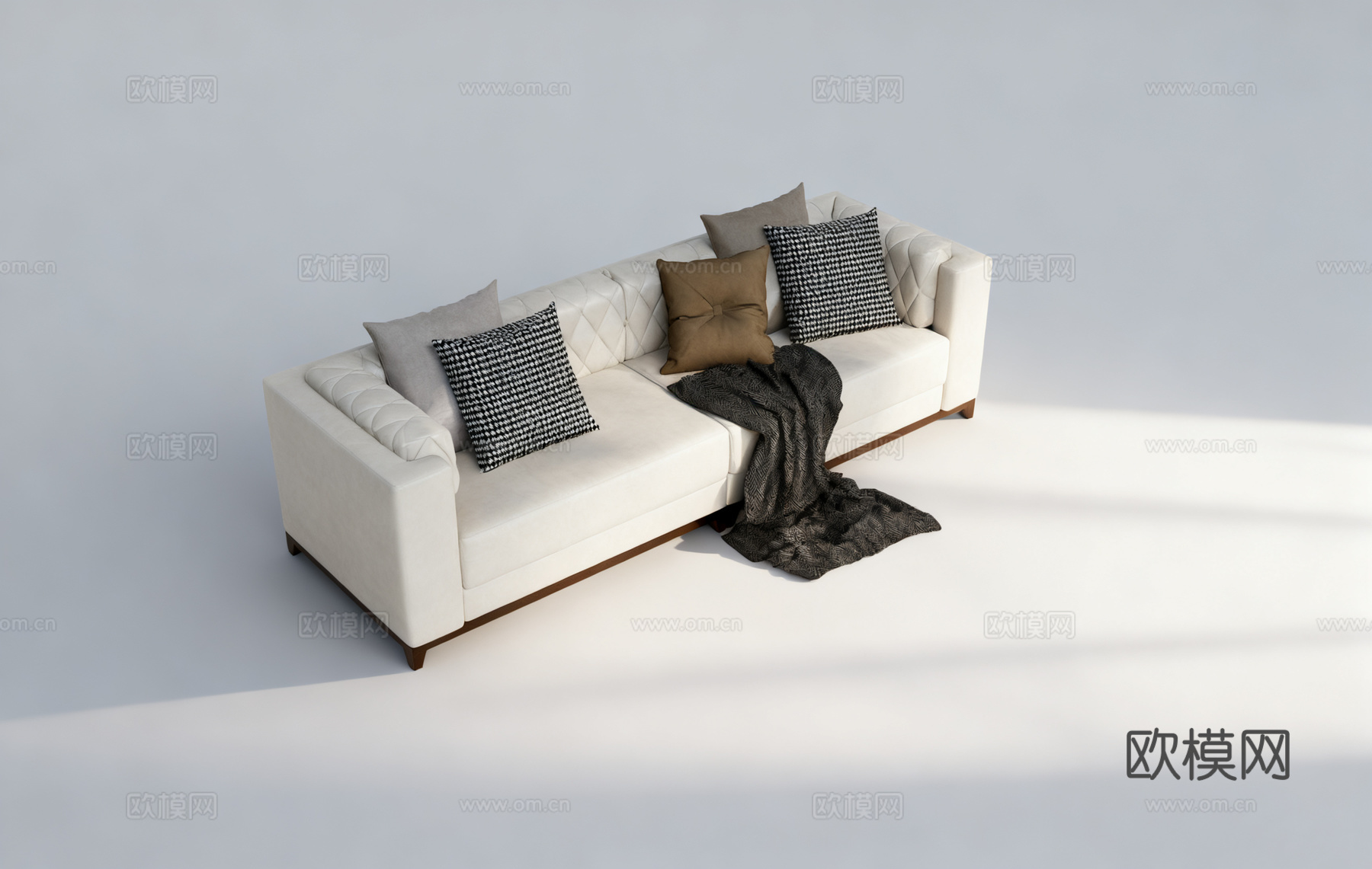 现代简约沙发 布艺菱形格纹 米白皮质 带抱枕毛毯su模型