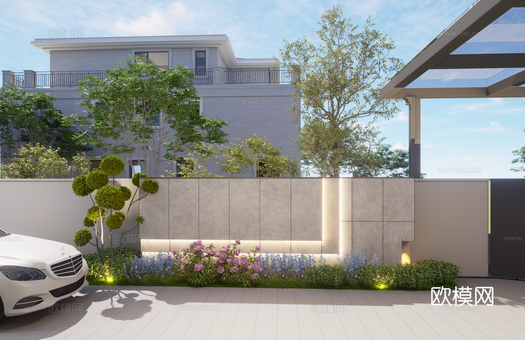 现代庭院（景墙、座椅、休闲平台，停车棚）su模型