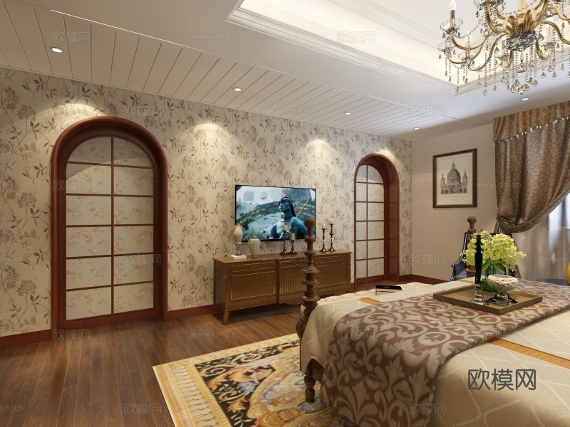 传统没事卧室走道 吊灯 床尾凳 双人床 壁灯 台灯 装饰柜3d模型下载（渲染图3）