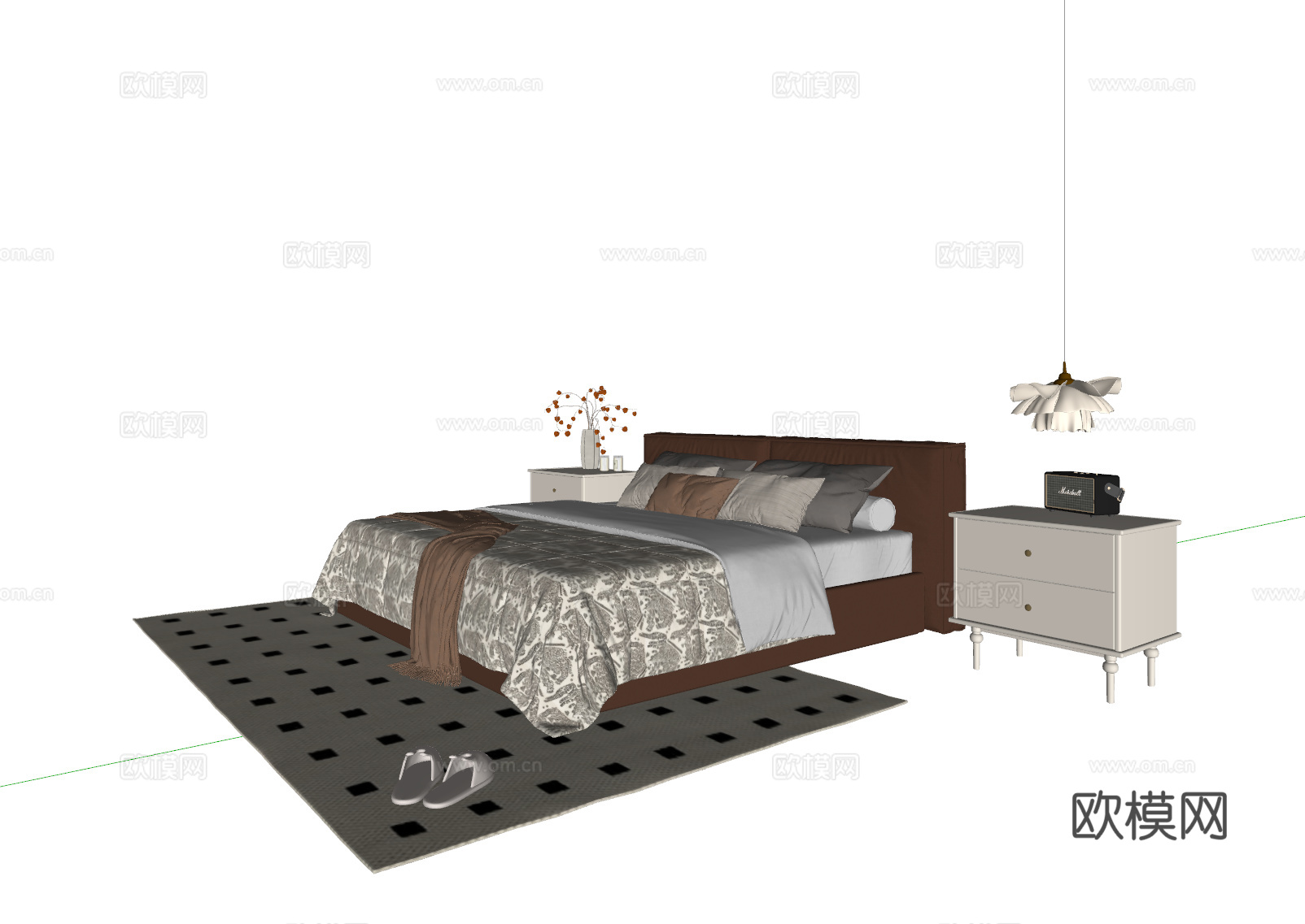 法式双人床 皮质双人床 床头柜 吊灯 地毯su模型