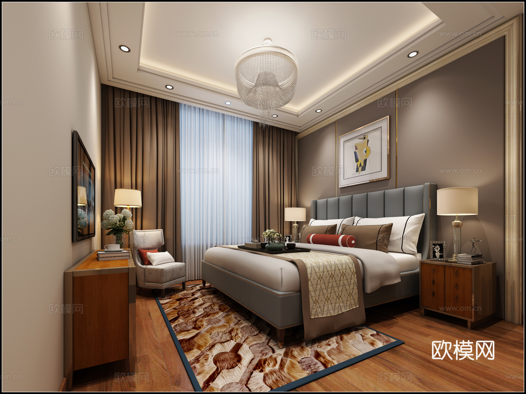 现代主卧 双人床 吊灯 装饰柜 台灯 挂画3d模型下载（渲染图1）