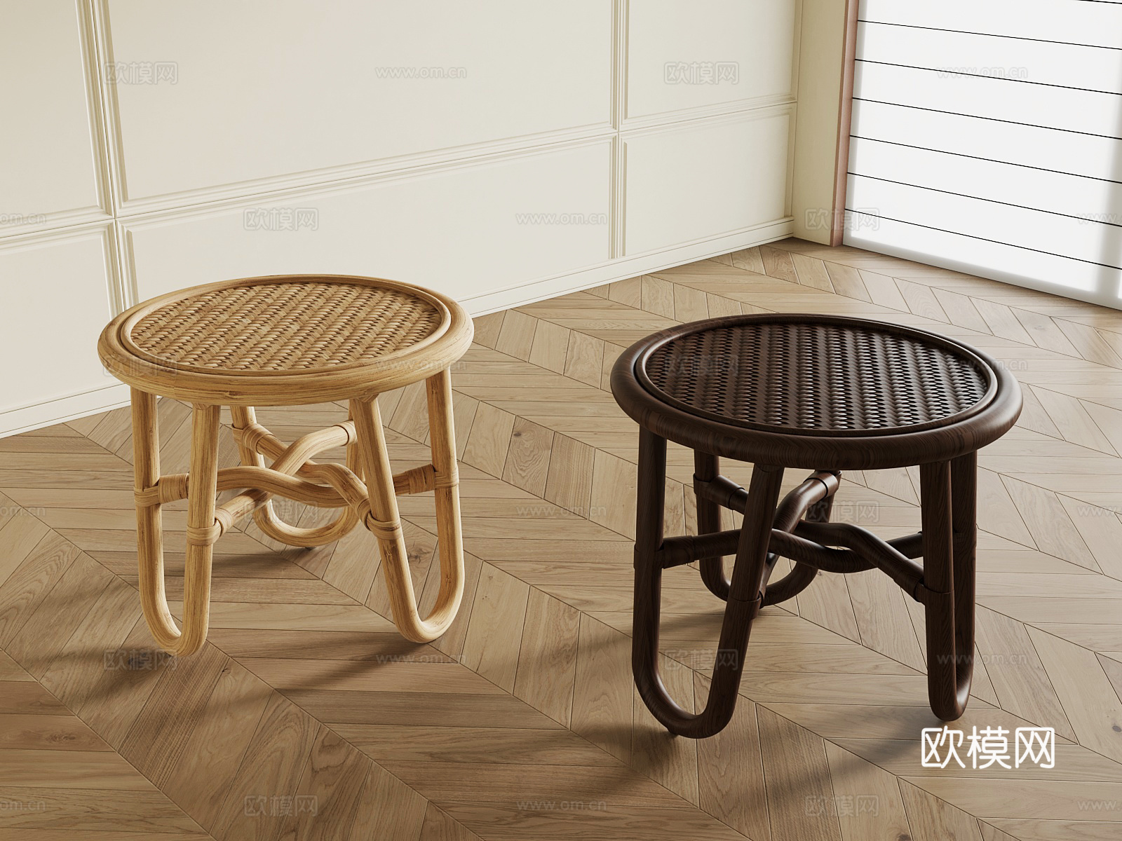 侘寂中古板凳 藤编板凳su模型