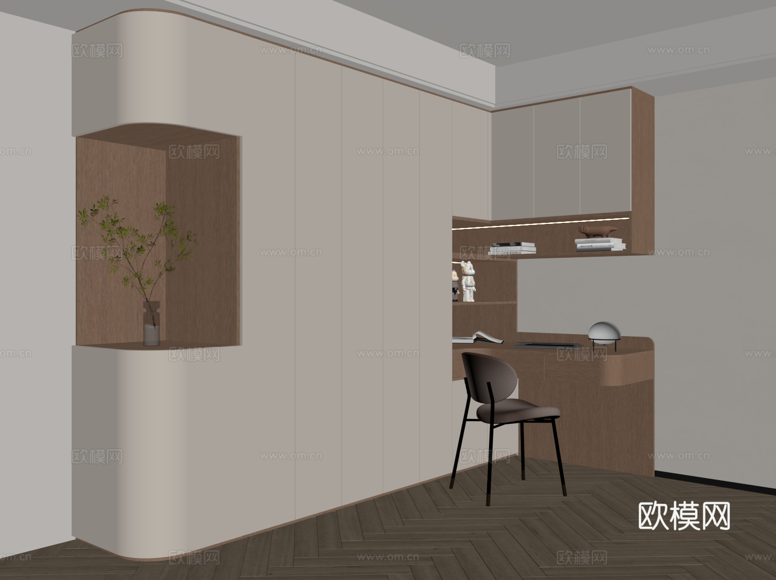 现代简约书柜 书桌一体柜su模型