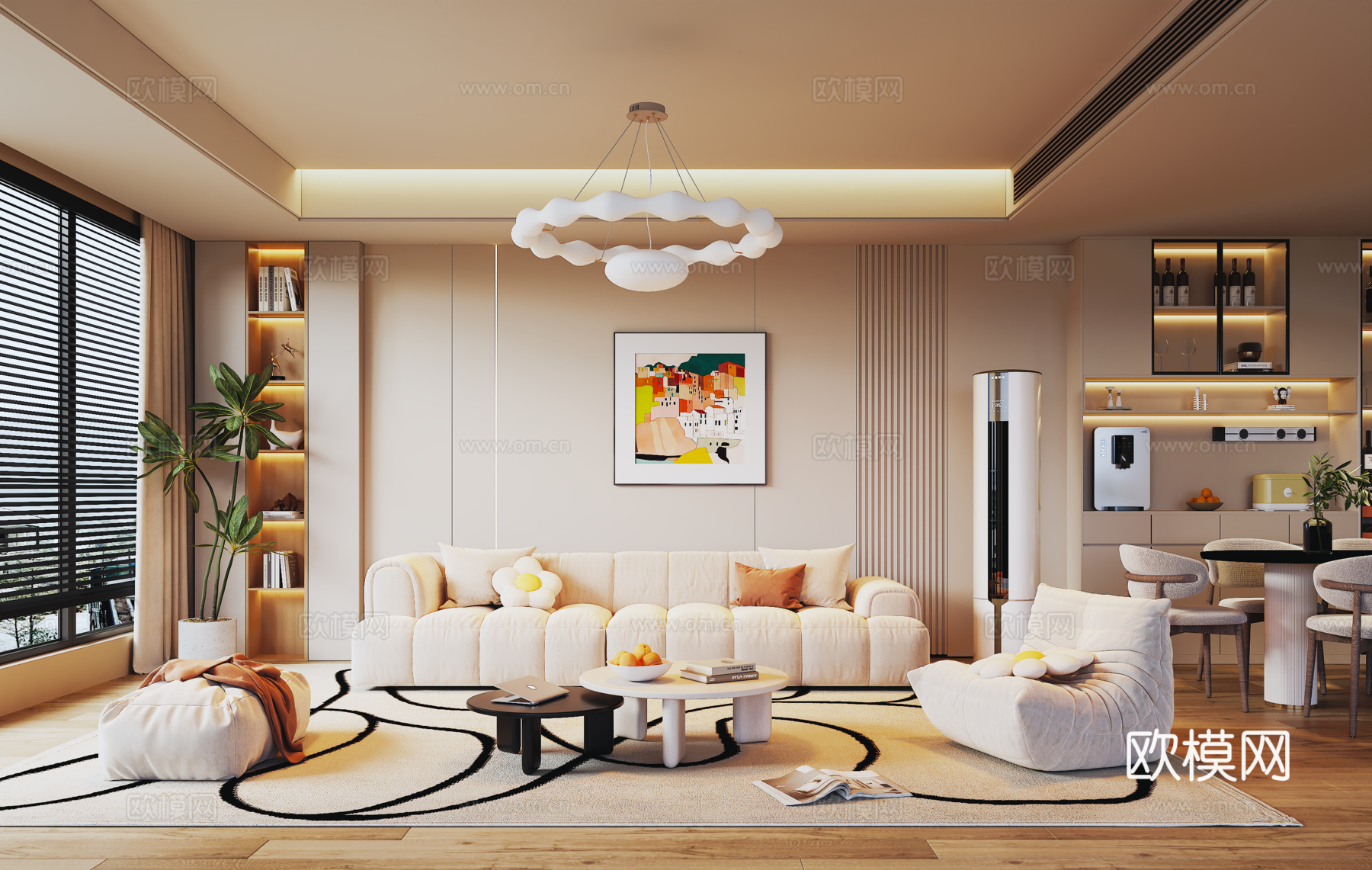 奶油风现代客餐厅 沙发背景墙 沙发茶几组合 餐边柜 餐桌椅su模型