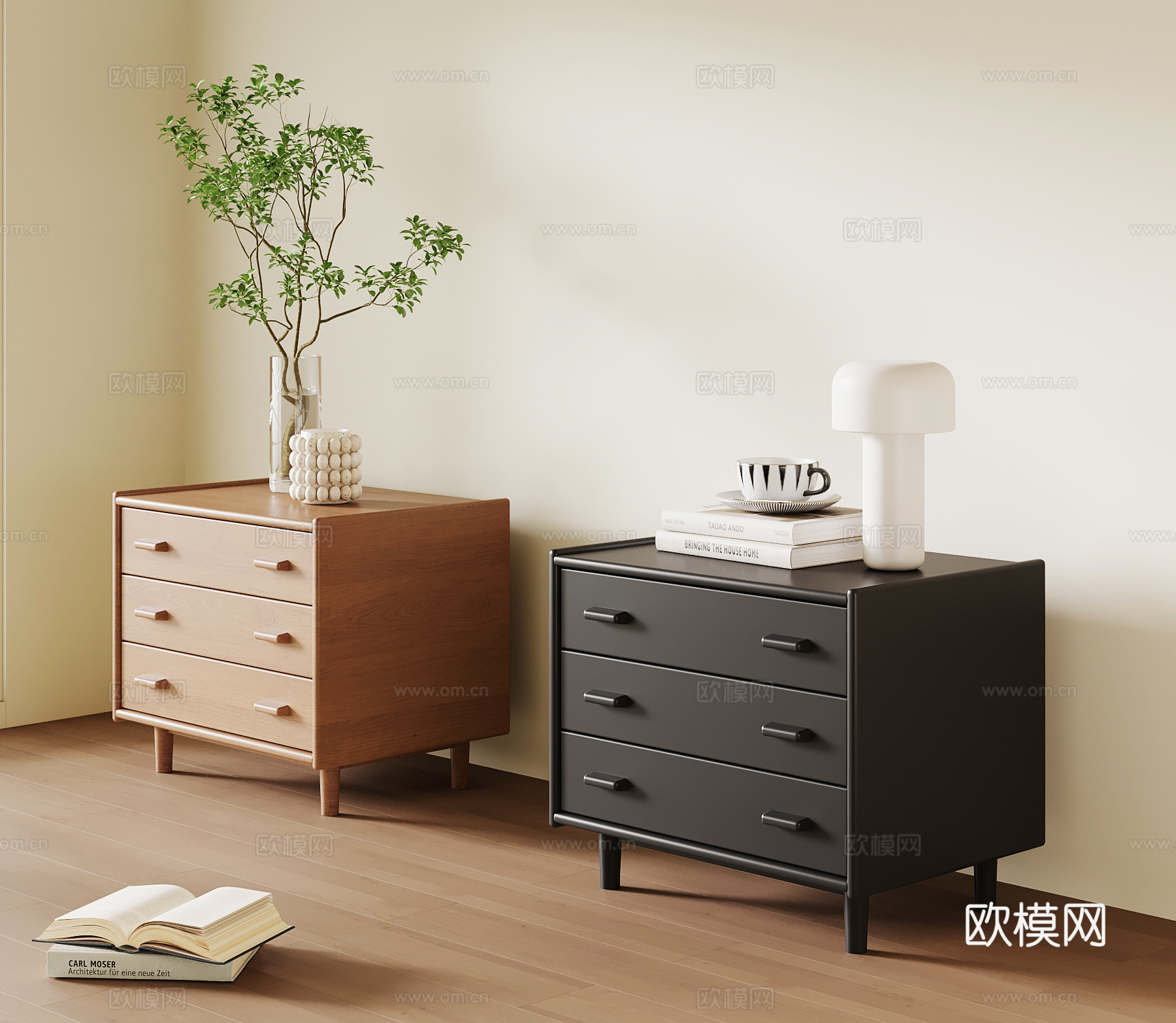 中古复古床头柜su模型下载（渲染图1）