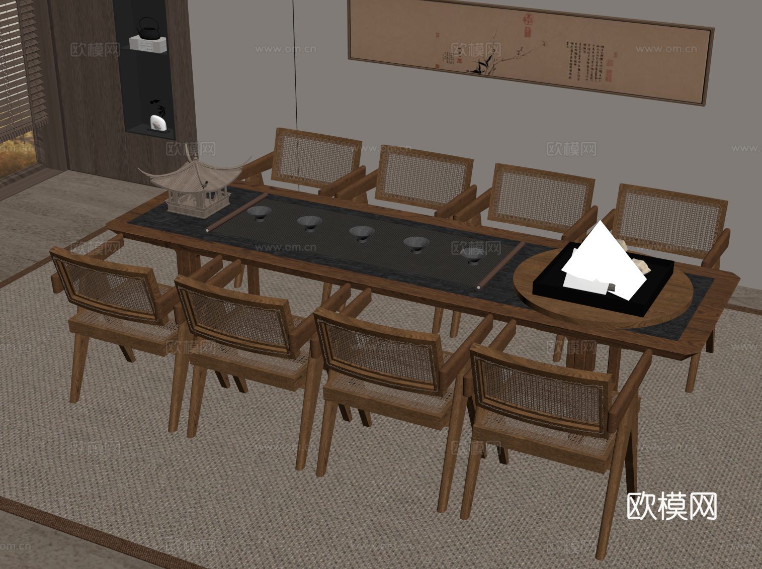 新中式茶桌椅su模型