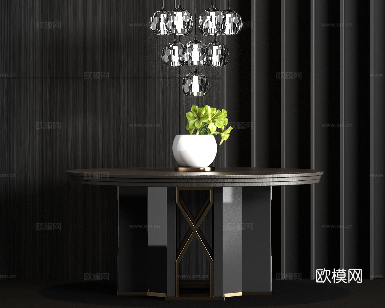 现代金属实木餐桌花艺吊灯组合3d模型下载（渲染图1）