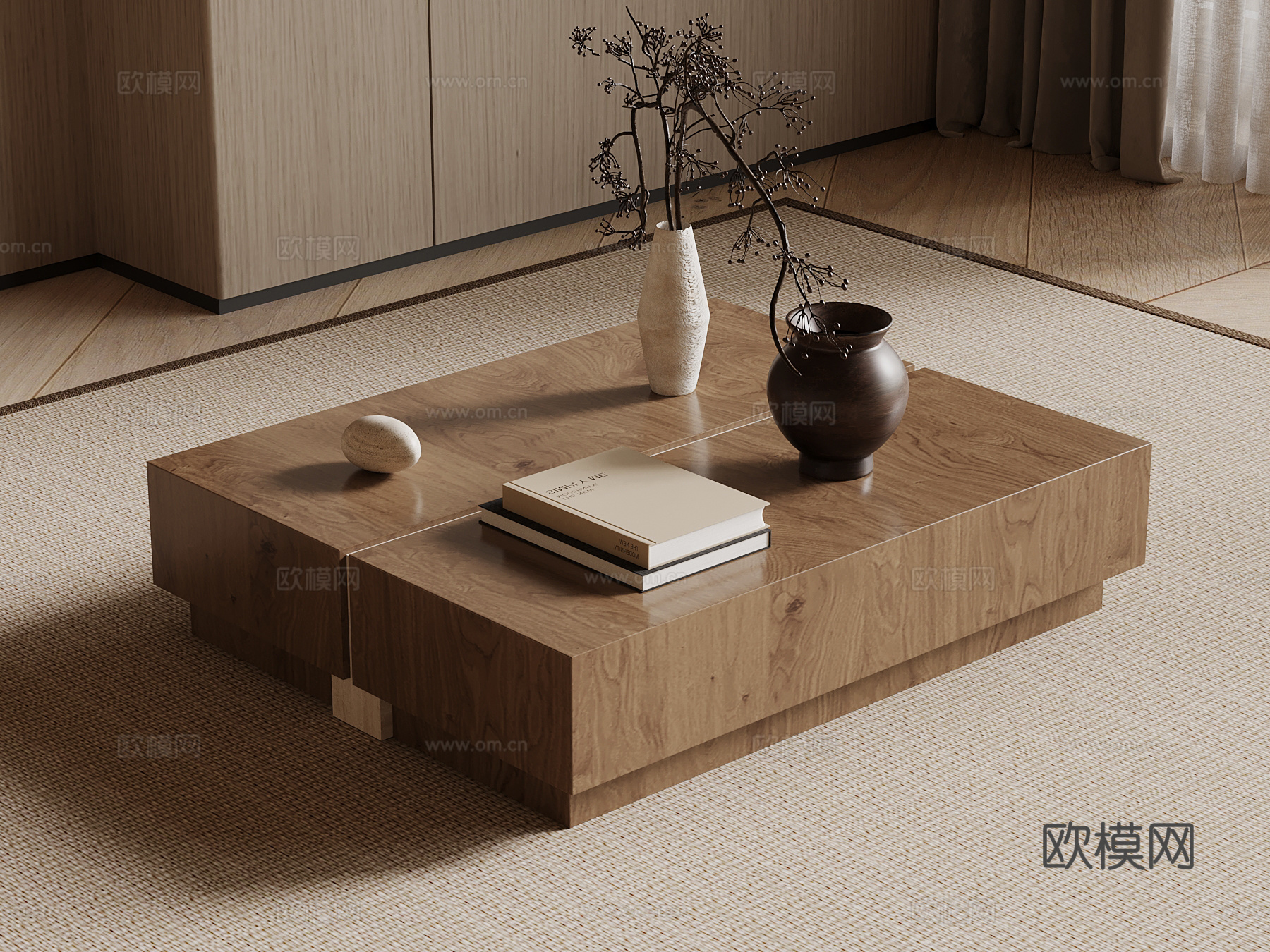 现代中古风茶几 方形实木茶几su模型