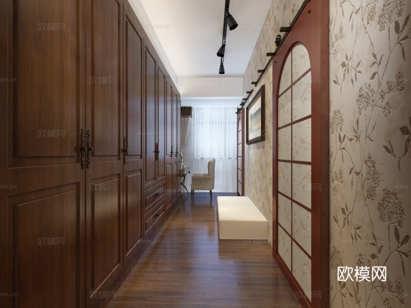 传统没事卧室走道 吊灯 床尾凳 双人床 壁灯 台灯 装饰柜3d模型下载（渲染图2）