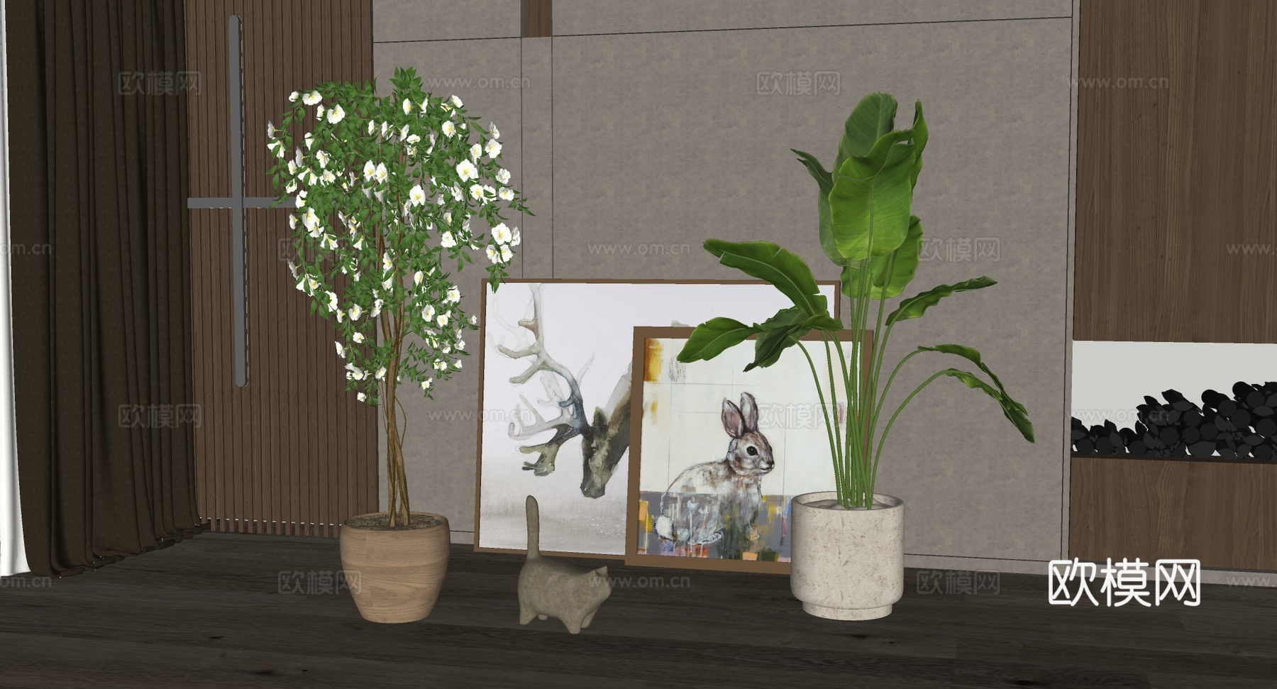 北欧ins风软装场景 琴叶榕龟背竹 动物装饰画 猫咪摆件 窗su模型下载（渲染图3）