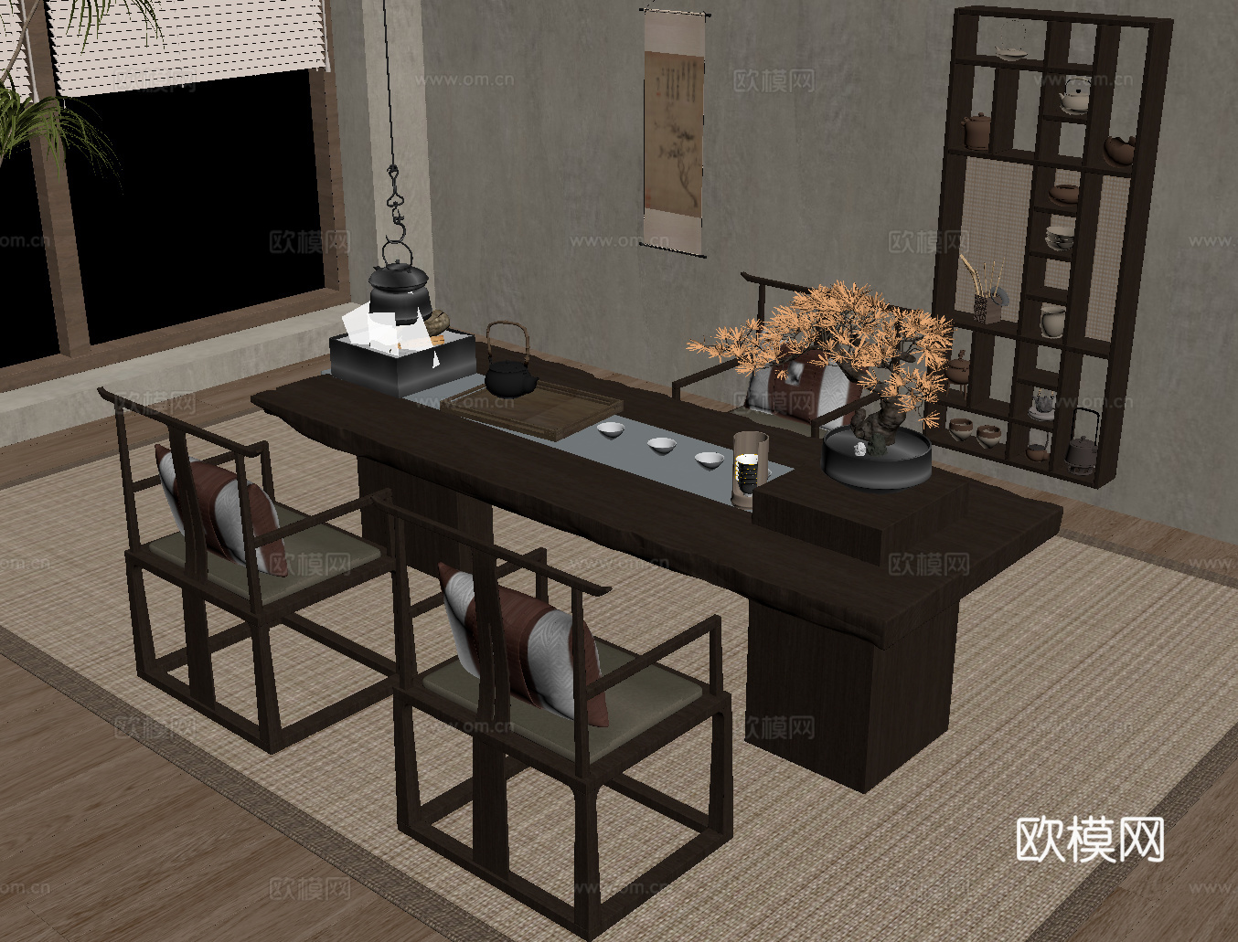 新中式茶桌椅 实木茶桌su模型