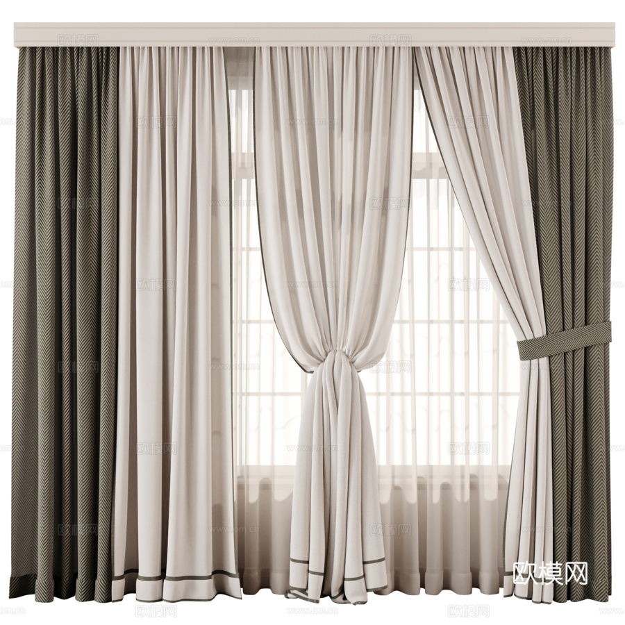 米色窗帘搭配人字纹对比窗帘套装3d模型下载