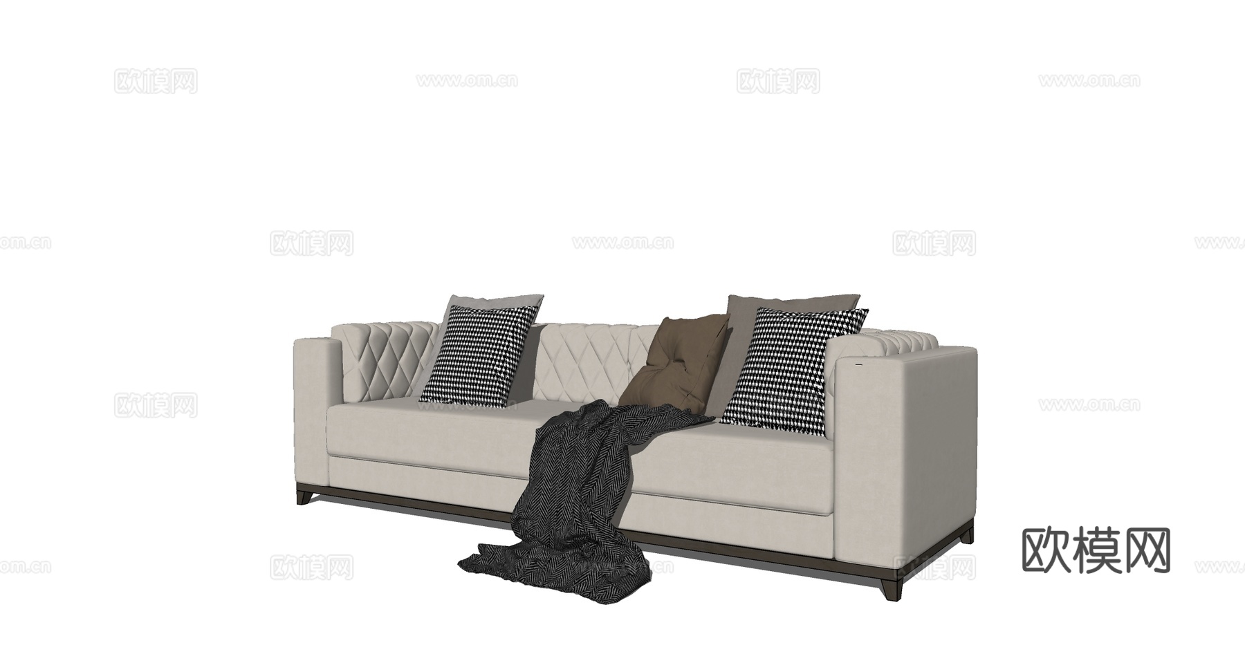 现代简约沙发 布艺菱形格纹 米白皮质 带抱枕毛毯su模型