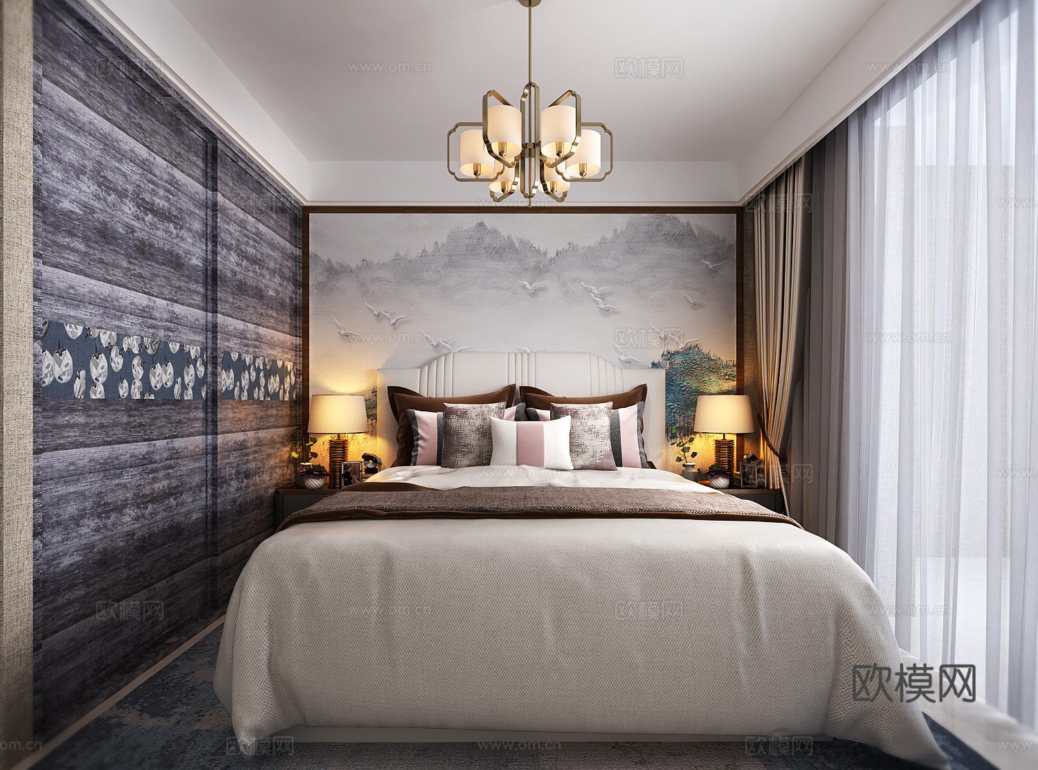 新中式家居主卧 吊灯 背景墙 双人床 台灯3d模型下载（渲染图2）