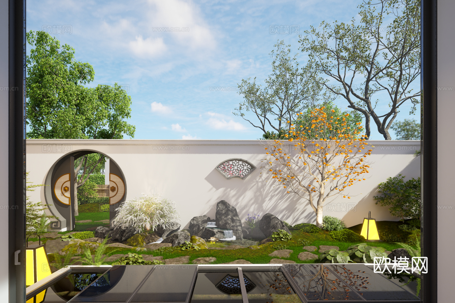 中式庭院，自然小溪，石板桥su模型