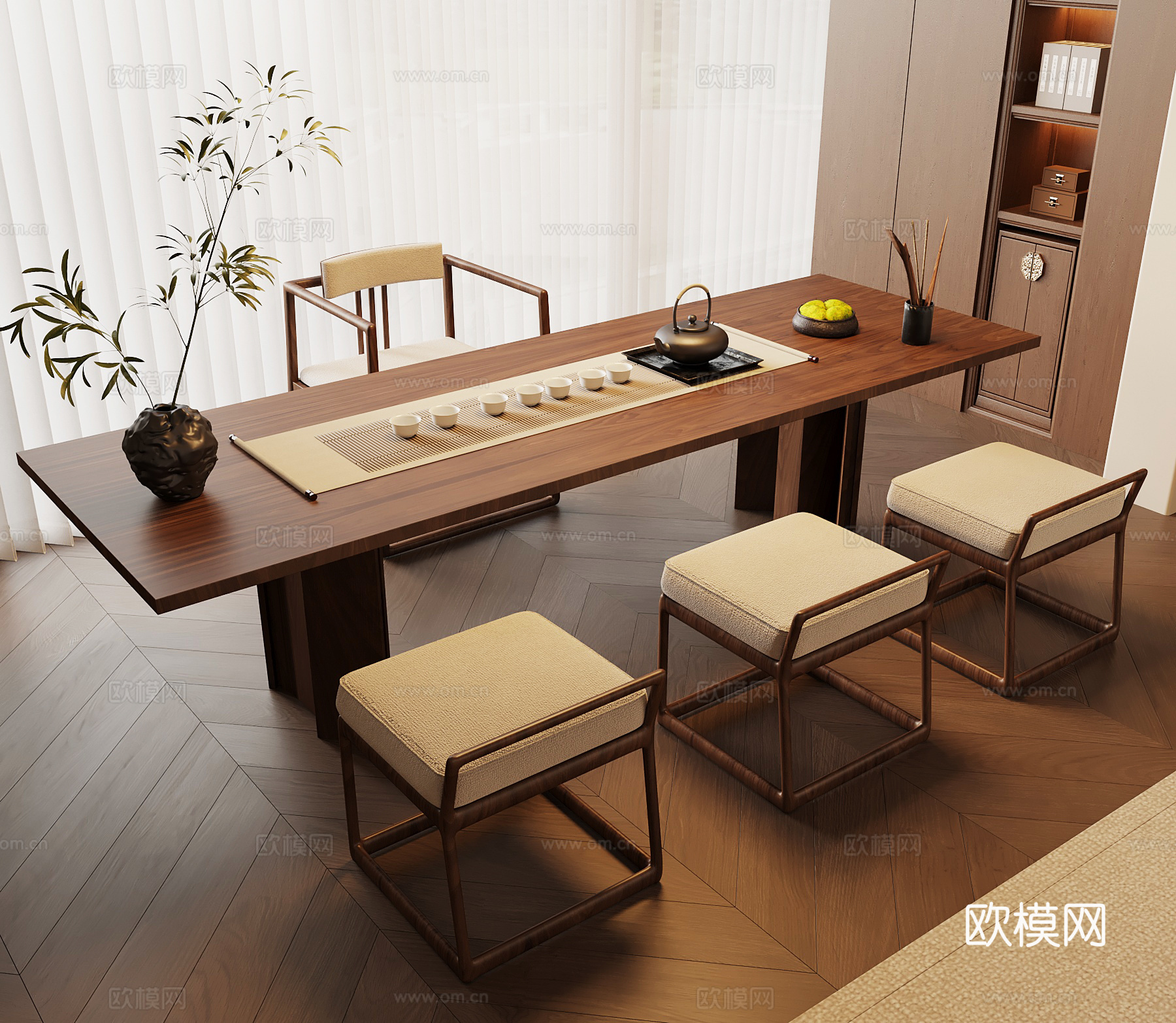 新中式茶桌椅su模型