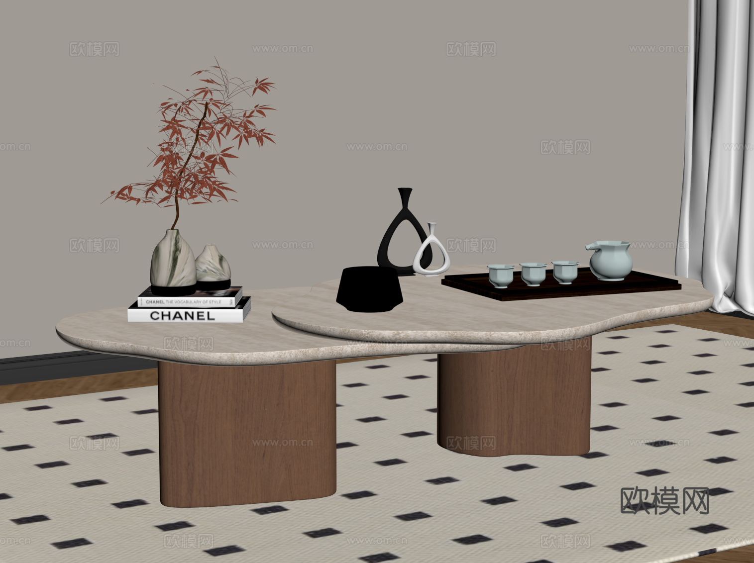 侘寂中古茶几 大理石茶几 异形茶几su模型