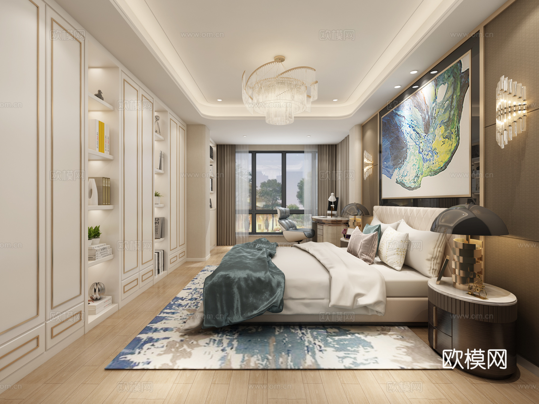 现代主人卧室 吊灯 壁灯 台灯 双人床 挂画 置物架 摆3d模型下载（渲染图2）