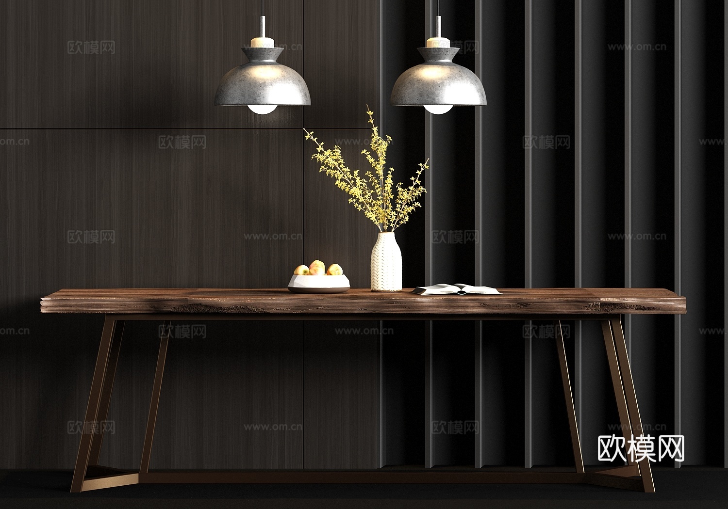 新中式金属实木餐桌吊灯饰品组合3d模型下载（渲染图1）