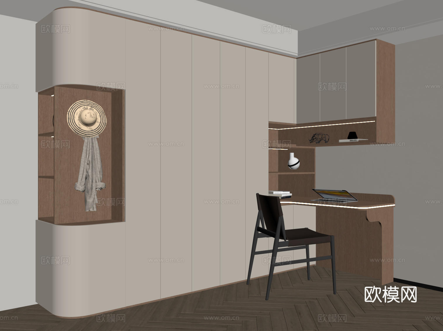 现代简约书柜 书桌一体柜su模型