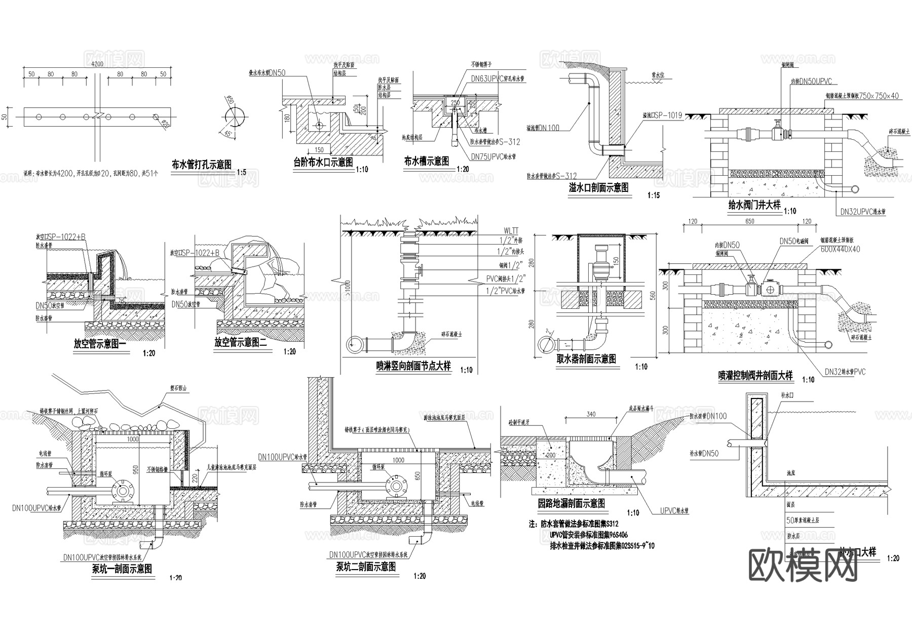 泵坑放空管取水器布水口布水槽地漏溢水口补水口控制阀门井喷灌cad施工图