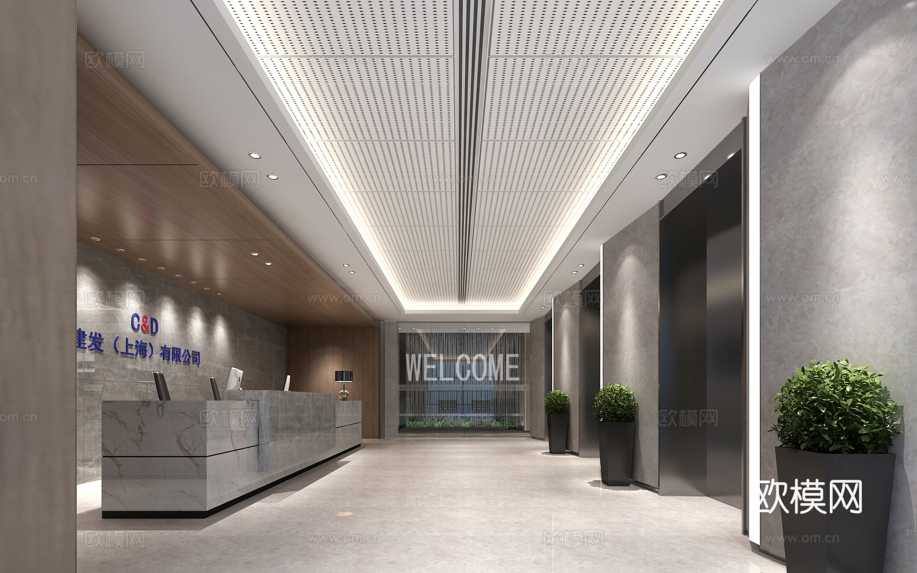 现代办公楼电梯厅前台3d模型下载（渲染图2）