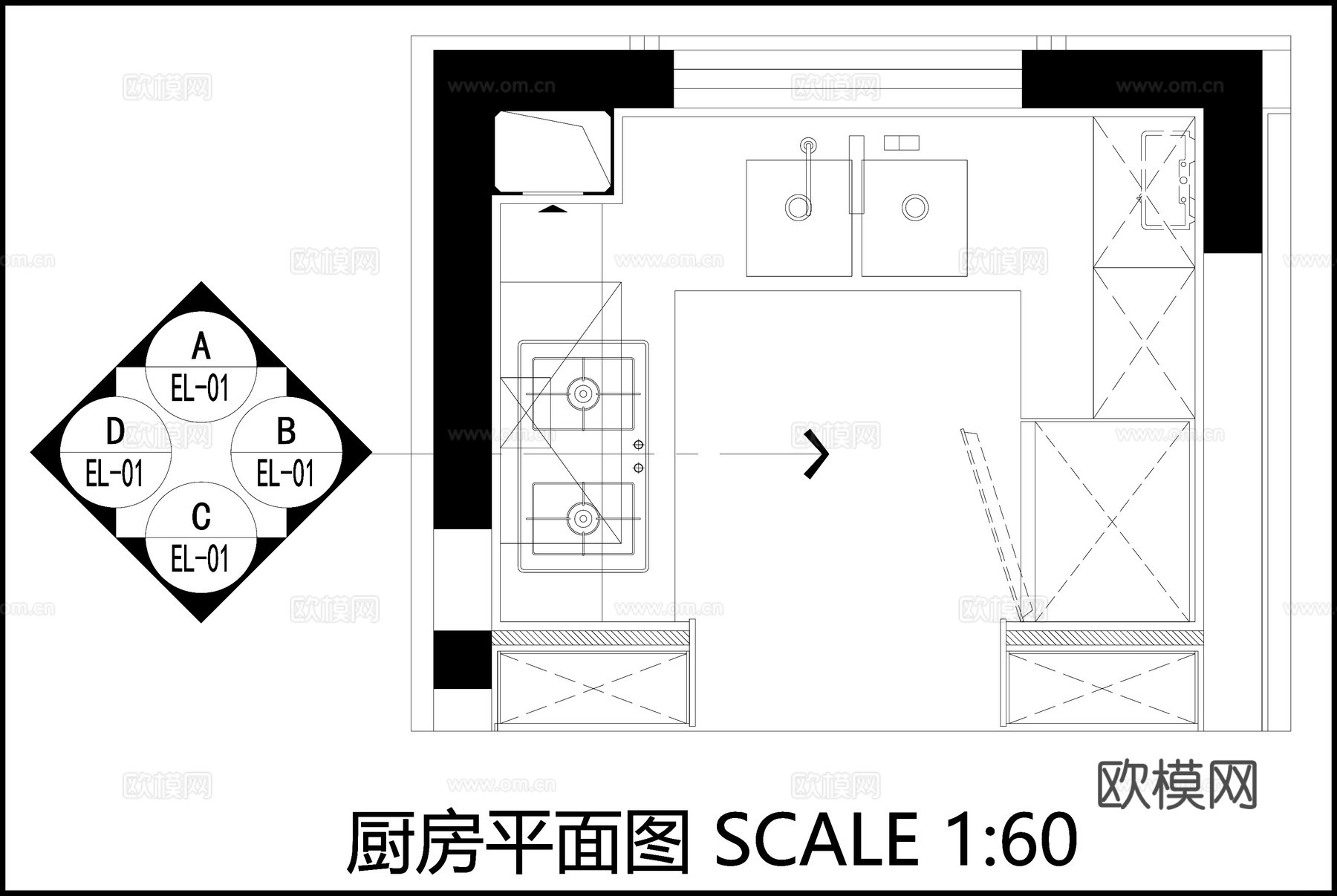 厨房平面立面图 现代厨房布局  烤漆板厨柜吊柜  厨房节点cad施工图