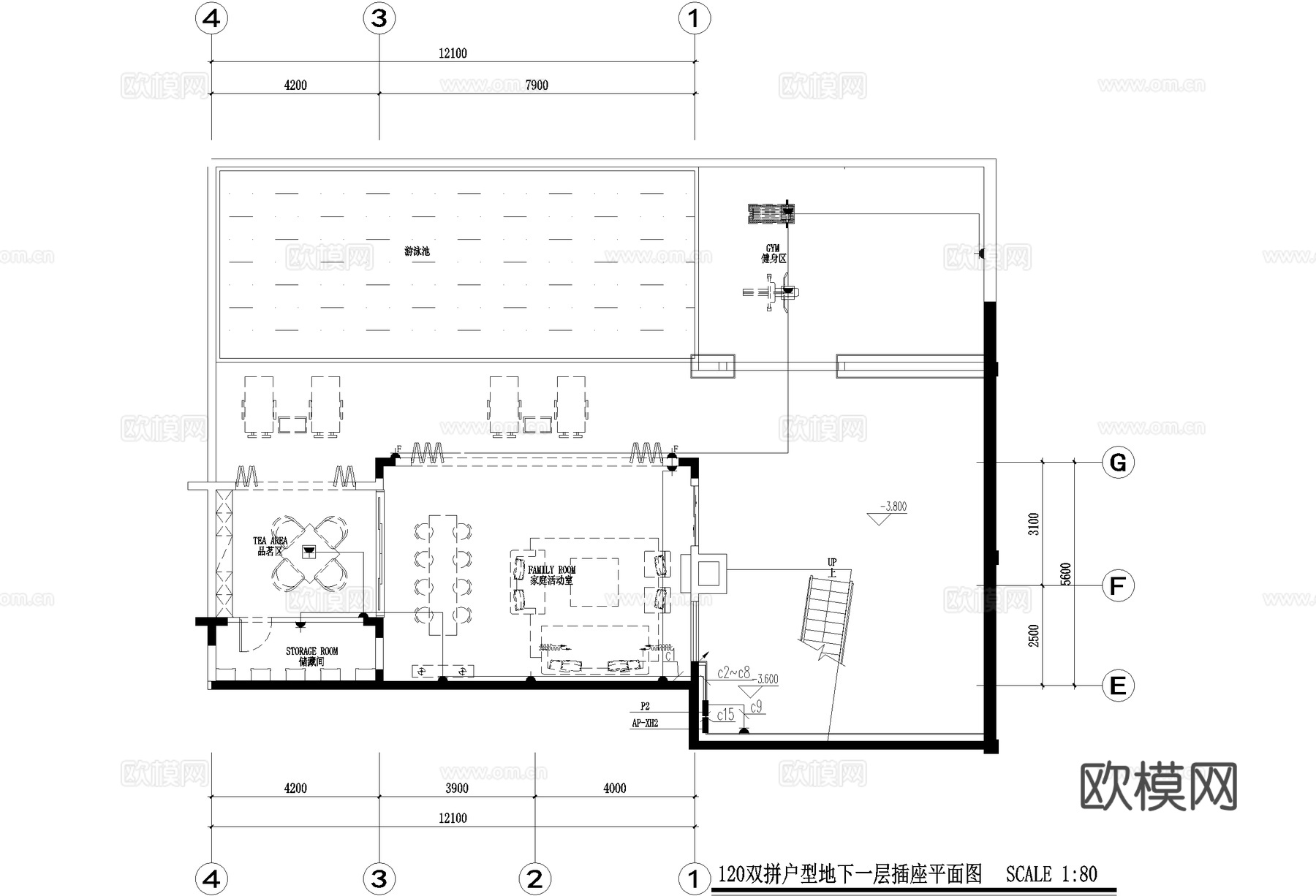 二层双拼别墅电气图弱电图照明插座平面图配电箱系统图CADcad施工图下载（渲染图5）