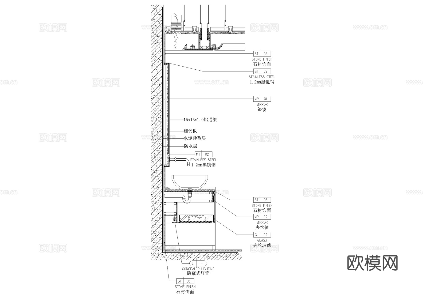 洗手台洗手池洗手盆浴缸大样镜子卫生间节点CADcad施工图下载（渲染图5）