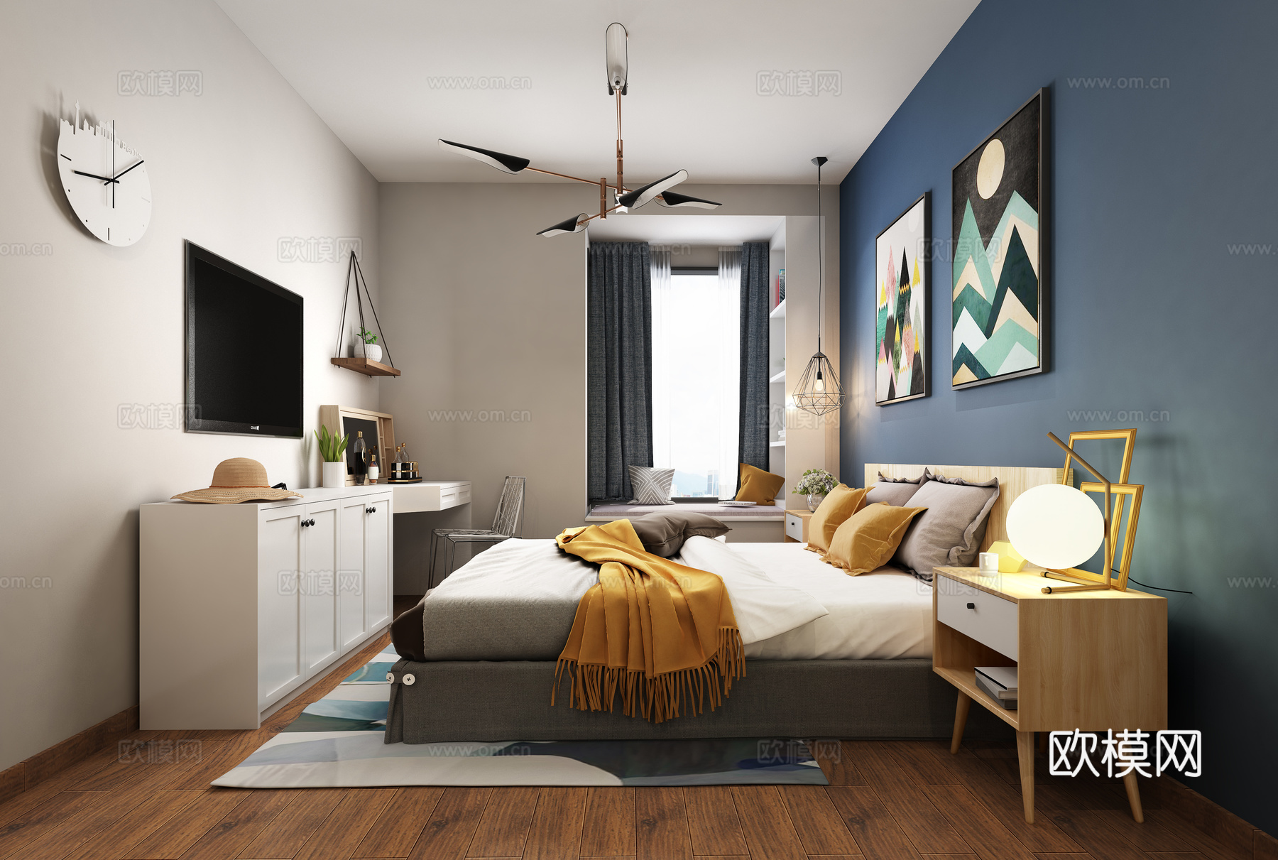 北欧主卧 吊灯 双人床 装饰柜 挂画 台灯3d模型下载（渲染图1）