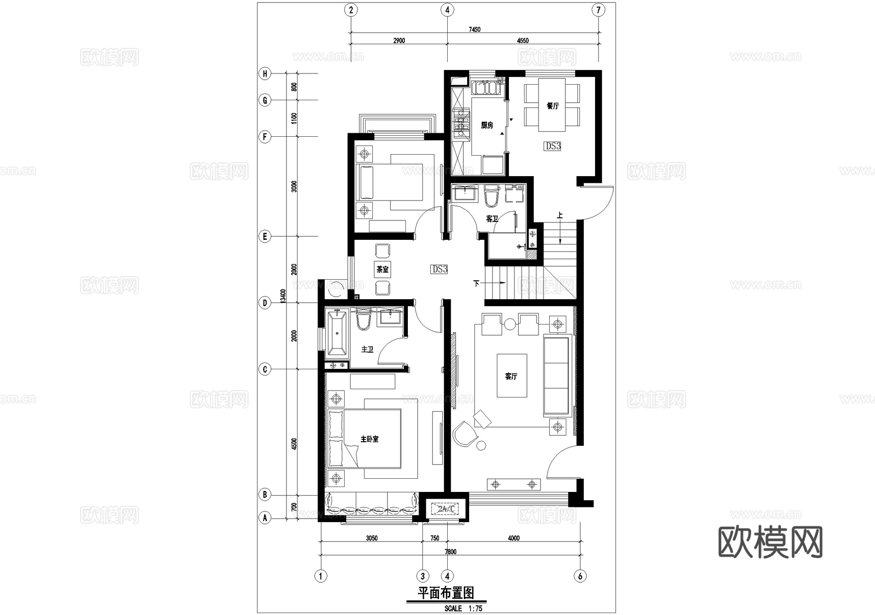 复式 样板间 平面布置图 吊顶图 地坪图 CAD施工图cad施工图