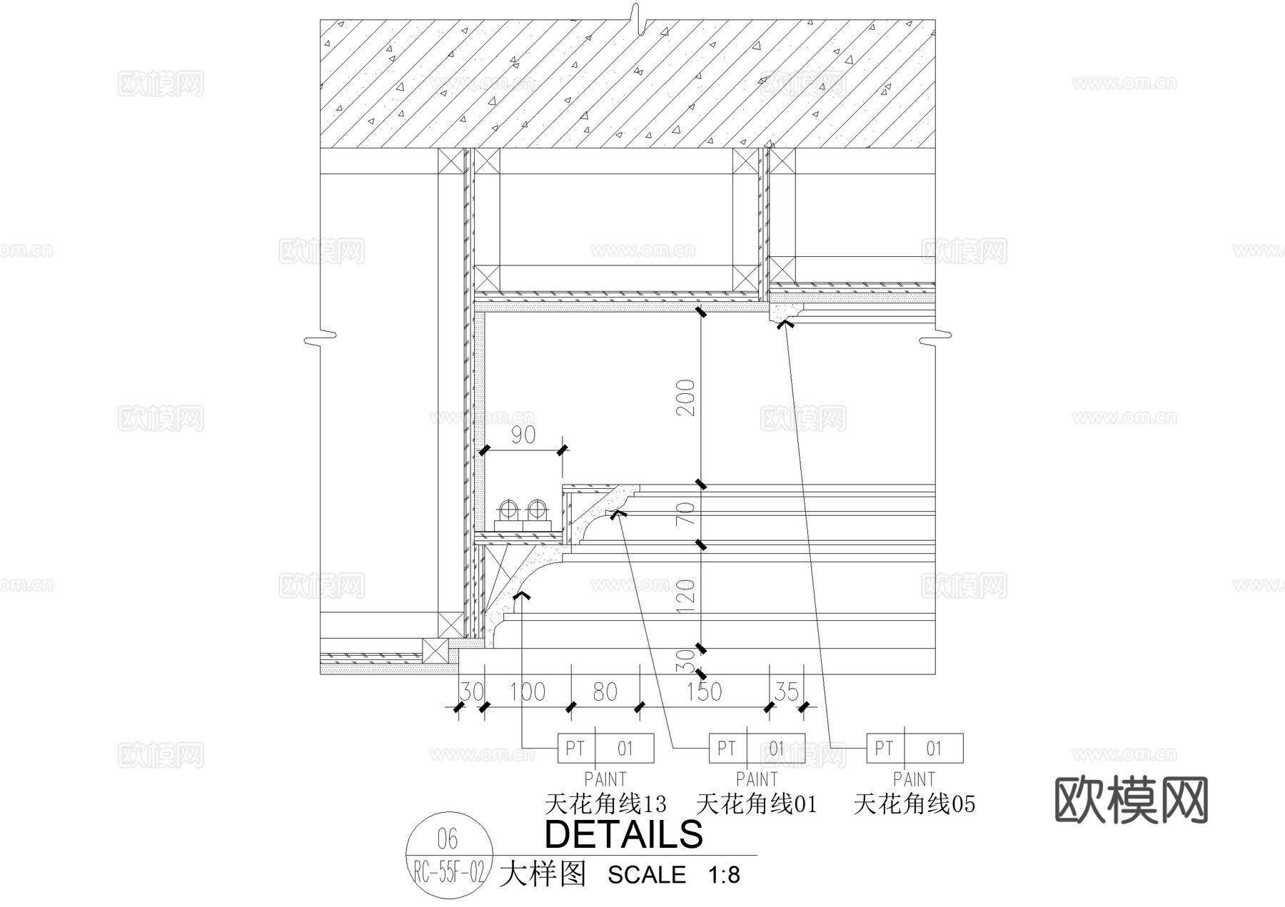 乳胶漆天花吊顶 角线 石材饰面 实木线条 隐藏式灯管 CADcad施工图